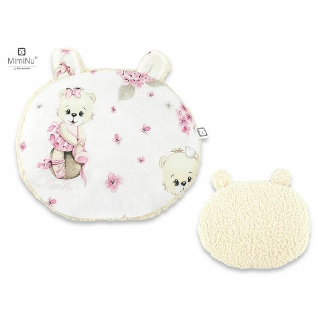 MimiNu - Perna ergonomica Ursulet, Cu doua fete si cu doua urechi, Dimensiune 33x27 cm, Din tesatura imitatie de lana si bumbac, Pentru carucior, scoica/scaun auto, balansoar, Ecru Pink Ballerina BYN6426972017312