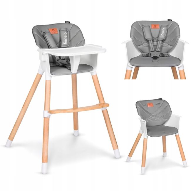 Lionelo - Scaun de masa din fag Koen, 2 in 1, Transformabil, Sustine 30 kg, 6 luni+, Gri BYNLO-KOEN_GREY_STONE