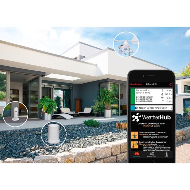 Sistem meteo SmartHome cu masurare temperatura, umiditate, precipitatii si viteza vant, data logger cu comunicare cu smartphone WEATHERHUB, TFA 31.4005.02