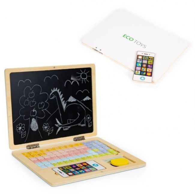 Laptop educational din lemn cu magnet si taste din lemn ecotoys g068 - alb edeedig068white
