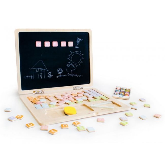 Laptop educational din lemn cu magnet si taste din lemn ecotoys g068 - alb edeedig068white