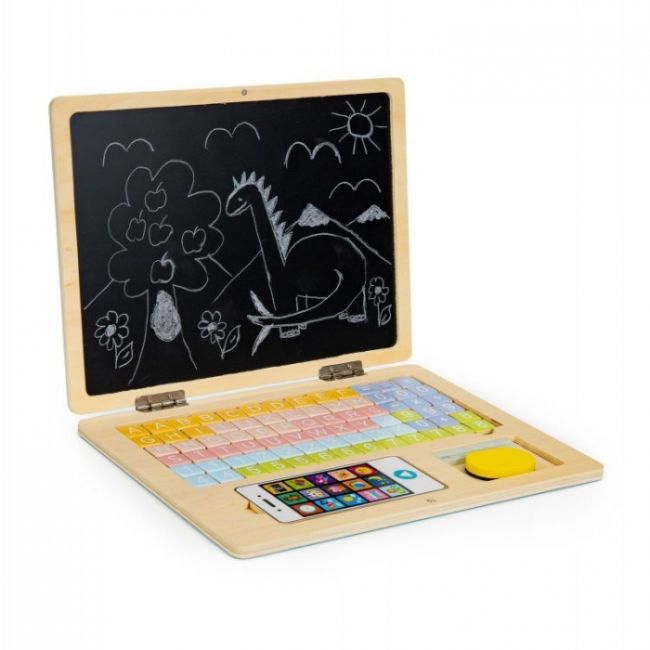 Laptop educational din lemn cu magnet si taste din lemn ecotoys g068 - albastru edeedig068blue