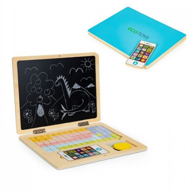 Laptop educational din lemn cu magnet si taste din lemn ecotoys g068 - albastru edeedig068blue