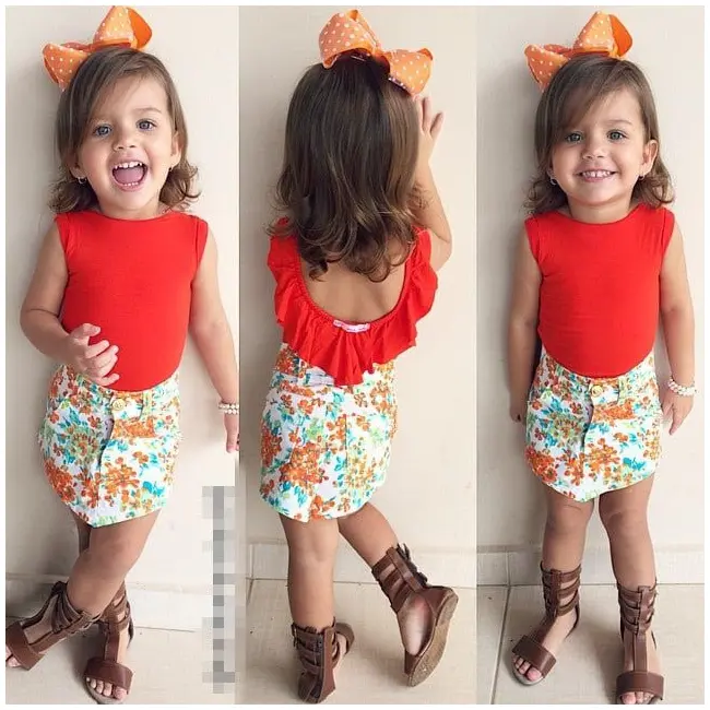 Set tricou rosu cu volanas si fusta cu floricele (Marime: 130) JEMdrl90