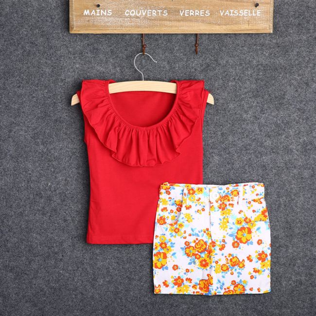 Set tricou rosu cu volanas si fusta cu floricele (Marime: 130) JEMdrl90