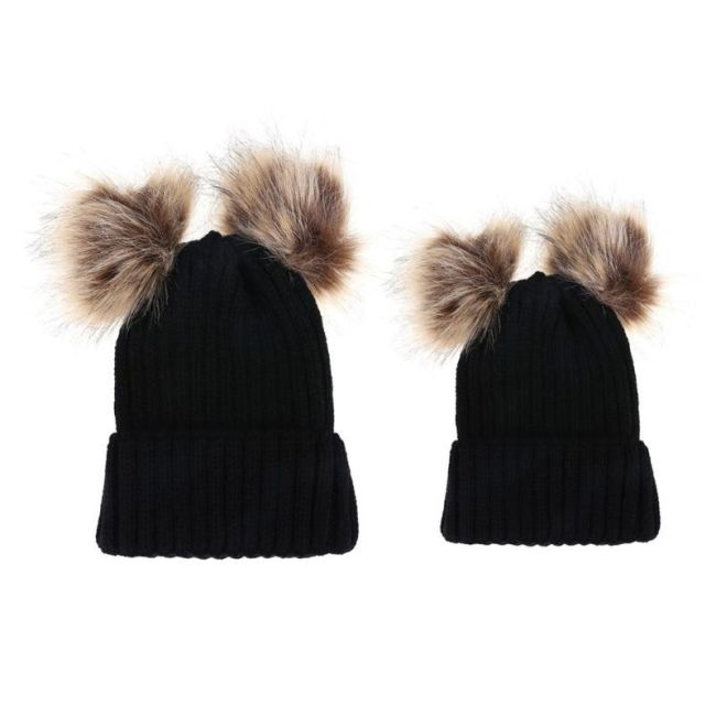 Set caciuli mama copil cu doua pampoane (Culoare: Negru) JEMdrl1145