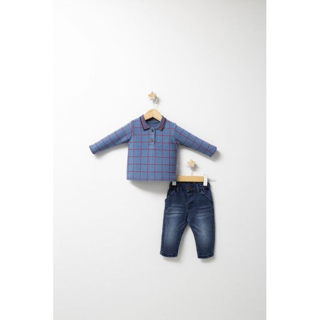 Set 2 piese cu bluzita si pantaloni de blugi Forest pentru baietei, Tongs baby (Culoare: Albastru, Marime: 12-18 Luni) JEMtgs_45831