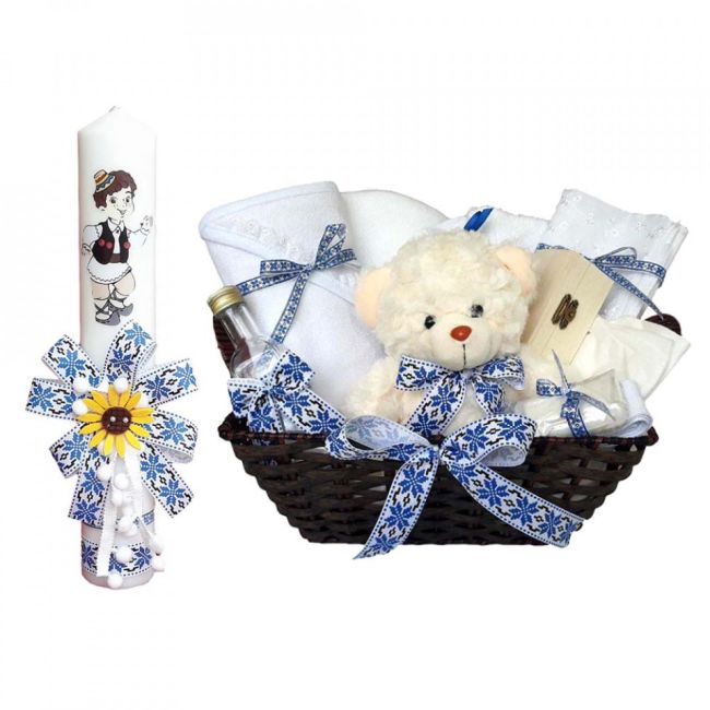 Cos cadou botez trusou si lumanare model taranel Baietel decor traditional Denikos® 665 NKO3083