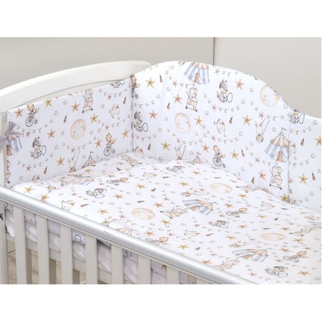 Set Lenjerie Din Bumbac Cu Protectie Laterala Pentru Pat Bebe 120 X 60 Cm, Circ Blue, Amy Pjb84774