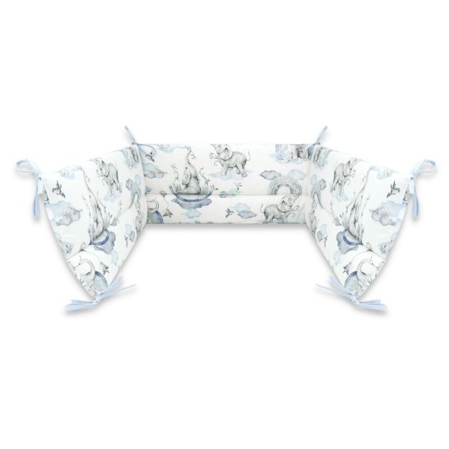 Qmini - Aparatoare pentru patut 120X60 cm, Din bumbac certificat Oeko Tex Standard 100, 180x30 cm, Cu panglici, Elephants on Rainbow Blue BYN6426972018524