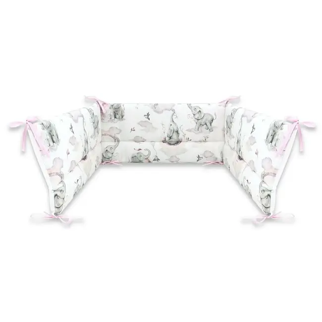 Qmini - Aparatoare pentru patut 120X60 cm, Din bumbac certificat Oeko Tex Standard 100, 180x30 cm, Cu panglici, Elephants on Rainbow Pink BYN6426972018517