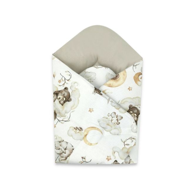 Qmini - Paturica de infasat cu doua fete, Cu multiple utilizari, Cu inchidere arici velcro, Dimensiune 75x75 cm, Din bumbac certificat Oeko Tex Standard 100, Teddy Bear and Friends Beige BYN6426972018265