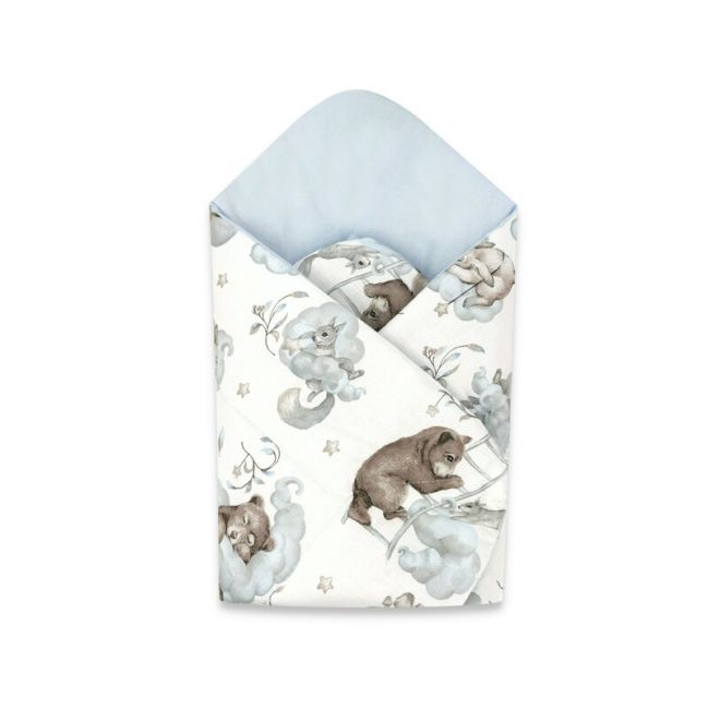 Qmini - Paturica de infasat cu doua fete, Cu multiple utilizari, Cu inchidere arici velcro, Dimensiune 75x75 cm, Din bumbac certificat Oeko Tex Standard 100, Teddy Bear and Friends Blue BYN6426972018272