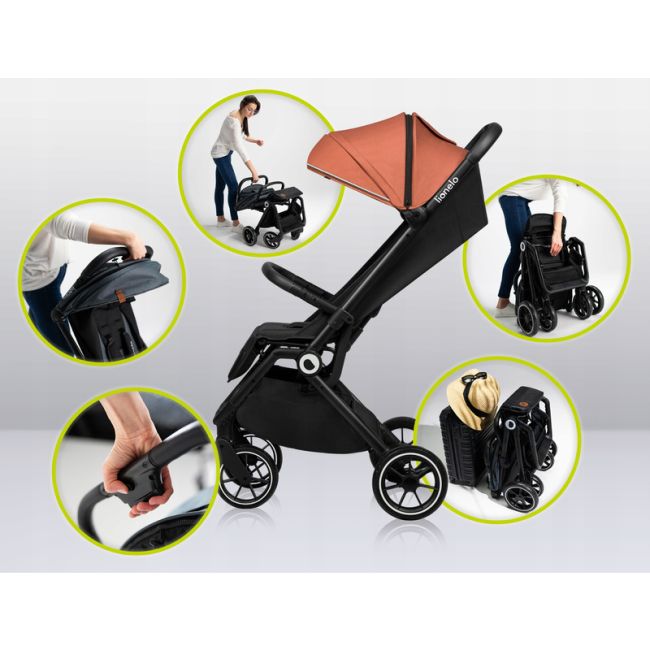 Lionelo - Carucior sport Cloe, De la nastere, Cu accesorii, Cadru din aluminiu, 0-22 kg, Usor, Pliabil cu o singura mana, Ideal pentru toate tipurile de suprafete, Maro BYNLO-CLOE_BROWN_RUST