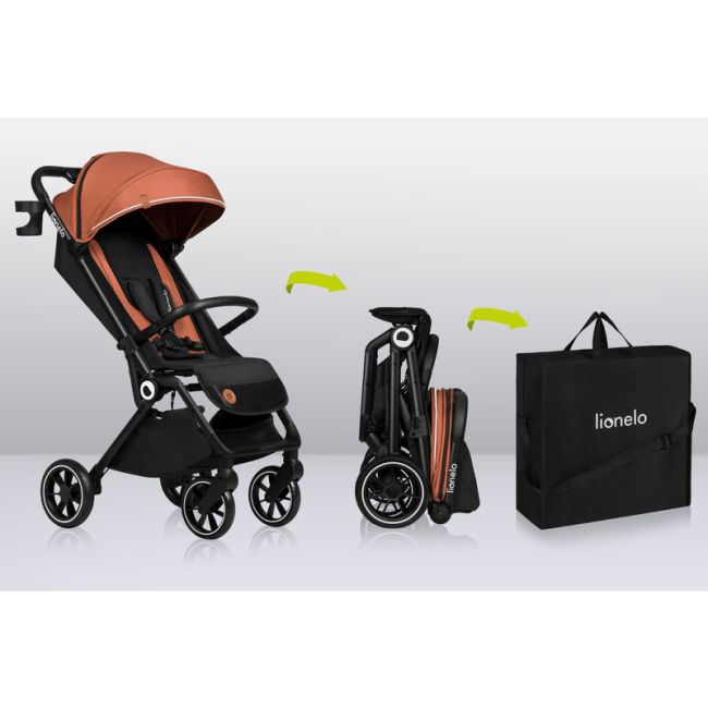 Lionelo - Carucior sport Cloe, De la nastere, Cu accesorii, Cadru din aluminiu, 0-22 kg, Usor, Pliabil cu o singura mana, Ideal pentru toate tipurile de suprafete, Maro BYNLO-CLOE_BROWN_RUST