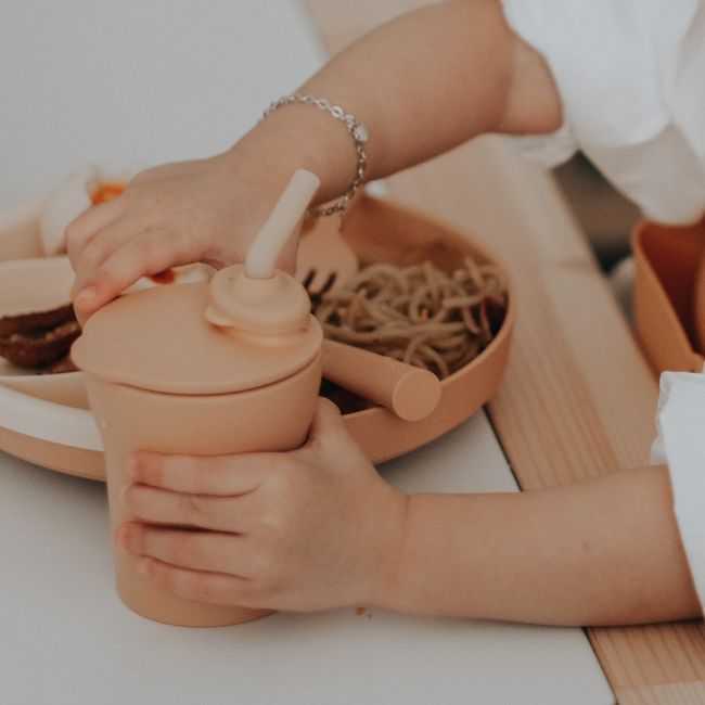 Pahar cu capac si pai antrenament bebelusi Miniware 1-2-3 Sip!, 100% din materiale naturale biodegradabile, Toffee JEMmw_MWSCTT
