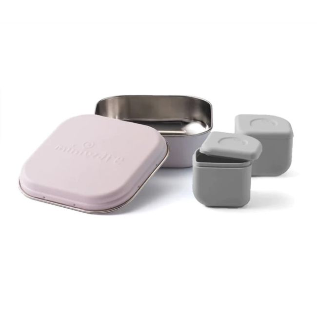 Set cutie cu 2 silipods pentru mancare bebelusi Miniware Grow bento, 3 piese, Cotton Candy+Grey JEMmw_GBC2G
