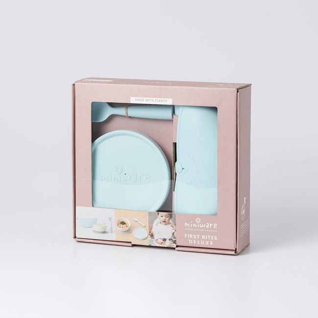 Set diversificare hrana bebelusi Miniware First Bites, 100% din materiale naturale biodegradabile, 4 piese, Aqua JEMmw_MWFBDAA