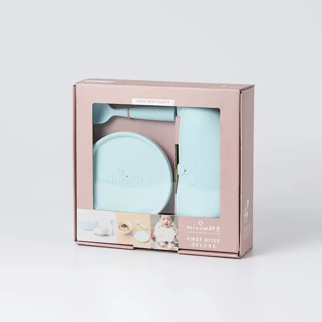 Set diversificare hrana bebelusi Miniware First Bites, 100% din materiale naturale biodegradabile, 4 piese, Aqua JEMmw_MWFBDAA