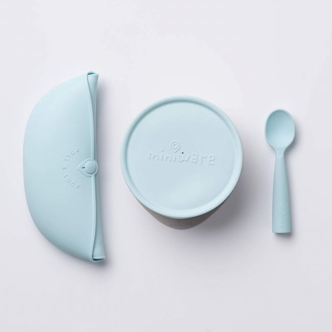 Set diversificare hrana bebelusi Miniware First Bites, 100% din materiale naturale biodegradabile, 4 piese, Aqua JEMmw_MWFBDAA