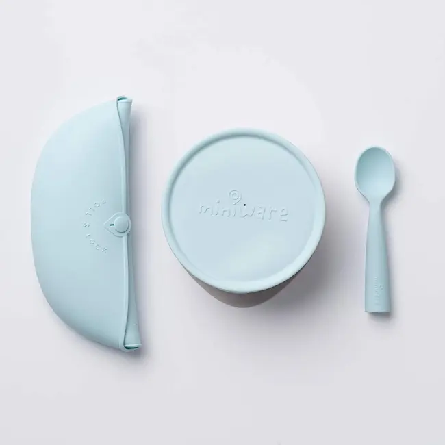 Set diversificare hrana bebelusi Miniware First Bites, 100% din materiale naturale biodegradabile, 4 piese, Aqua JEMmw_MWFBDAA