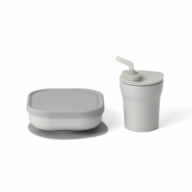 Set diversificare hrana bebelusi Miniware Sip&Snack, 100% din materiale naturale biodegradabile, 3 piese, Grey JEMmw_MWSKGG