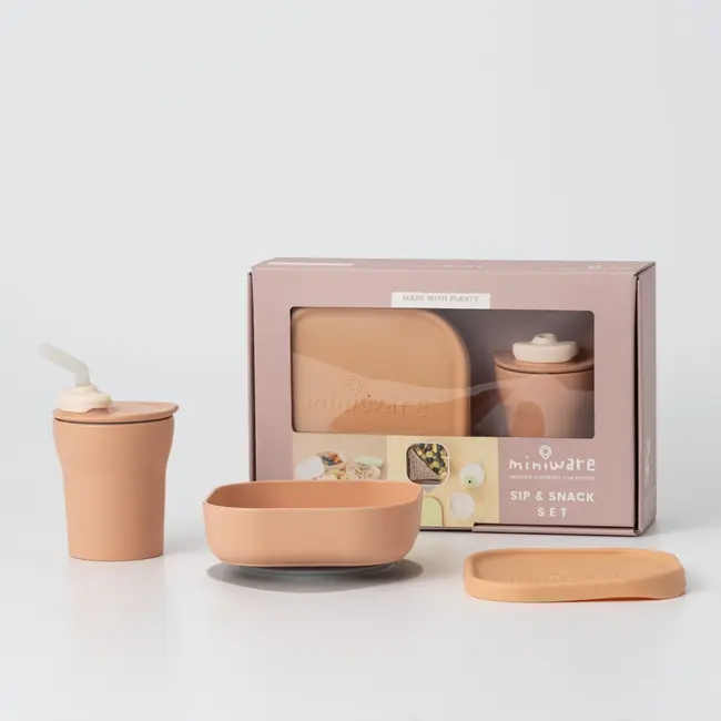Set diversificare hrana bebelusi Miniware Sip&Snack, 100% din materiale naturale biodegradabile, 3 piese, Toffee JEMmw_MWSKTT