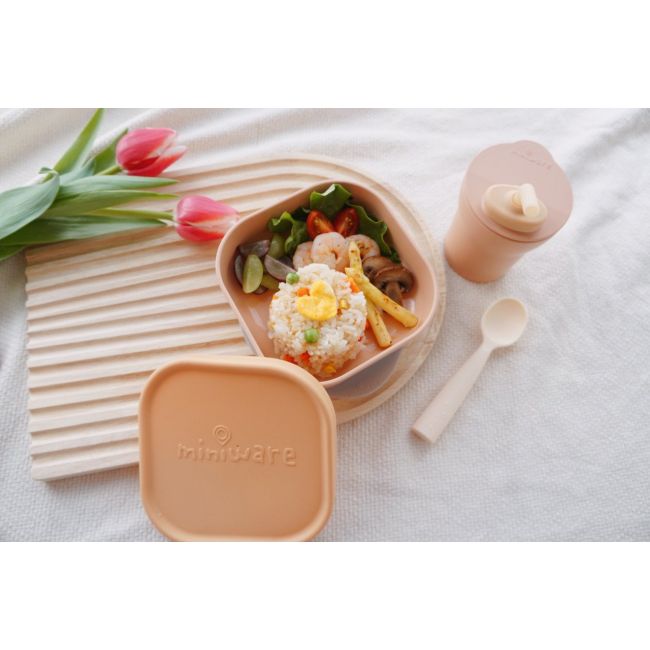 Set diversificare hrana bebelusi Miniware Sip&Snack, 100% din materiale naturale biodegradabile, 3 piese, Toffee JEMmw_MWSKTT