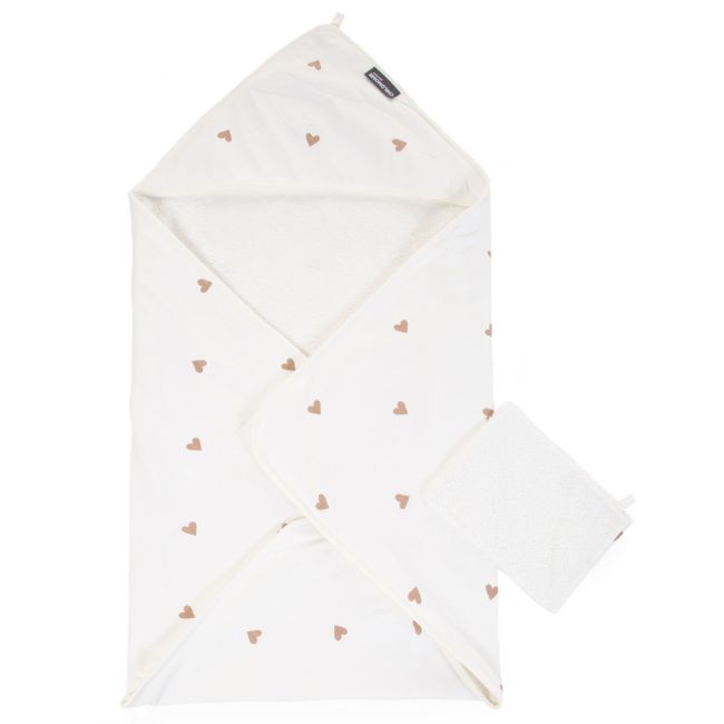 Prosop cu gluga si manusa de baie Childhome Jerse/Frotir 80x80 cm, Inimioare ERFCH-CCBCJOH
