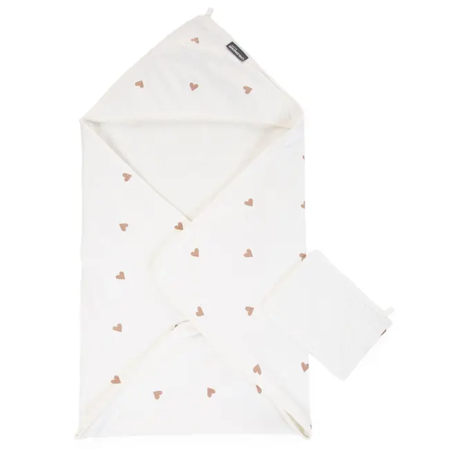 Prosop cu gluga si manusa de baie Childhome Jerse/Frotir 80x80 cm, Inimioare ERFCH-CCBCJOH