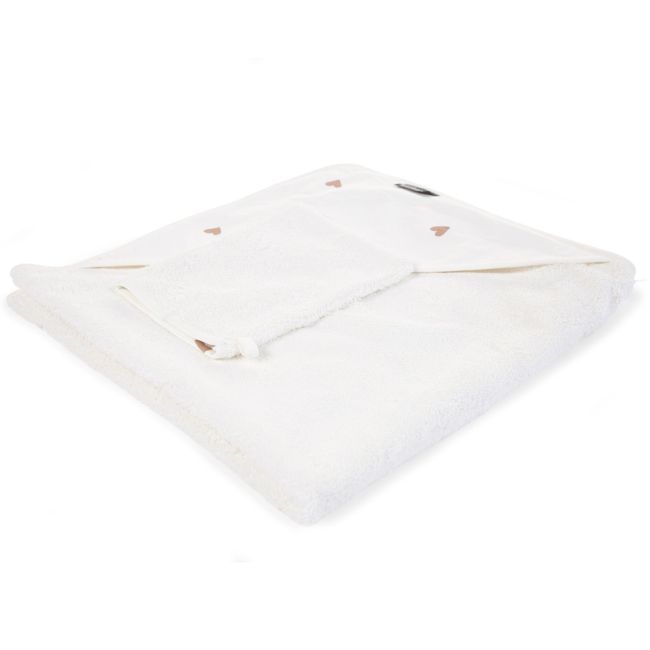 Prosop cu gluga si manusa de baie Childhome Jerse/Frotir 80x80 cm, Inimioare ERFCH-CCBCJOH
