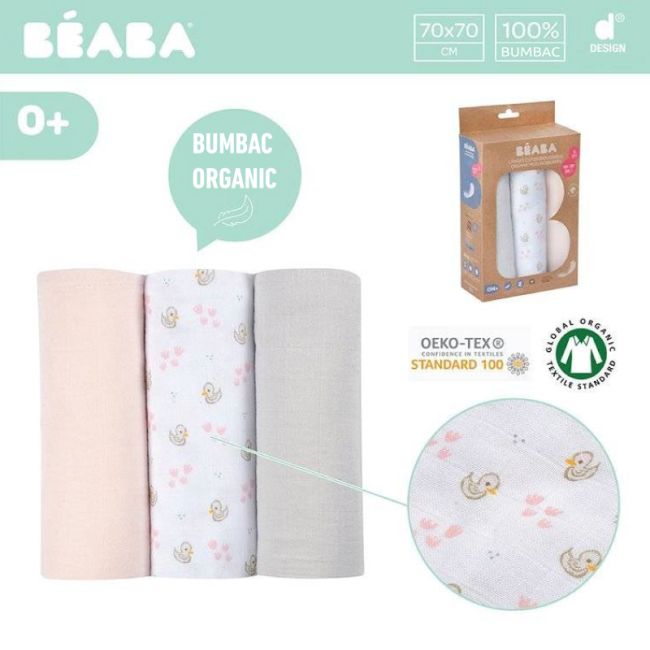 Set 3 Museline Beaba bumbac organic 70x70 cm Swan Pink ERFB920343