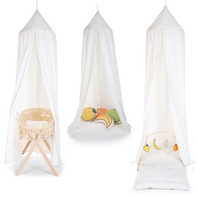 Cort cu baldachin + saltea de joaca Childhome 120x120x230 cm, Jerse Alb ERFCH-CCHCTW