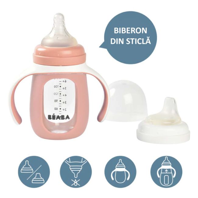 Biberon de invatare 2 in 1 din Sticla Beaba 210 ml Old Pink ERFB913520