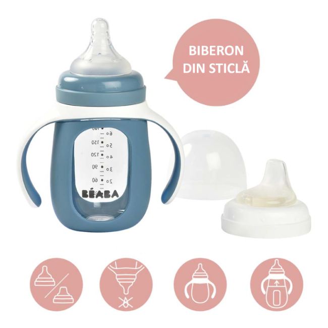Biberon de invatare 2 in 1 din Sticla Beaba 210 ml Windy Blue ERFB913519