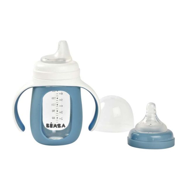 Biberon de invatare 2 in 1 din Sticla Beaba 210 ml Windy Blue ERFB913519