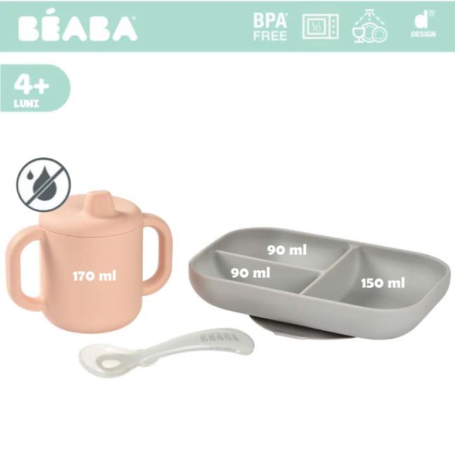 Set de masa silicon cu cana Beaba Old Pink ERFB913527