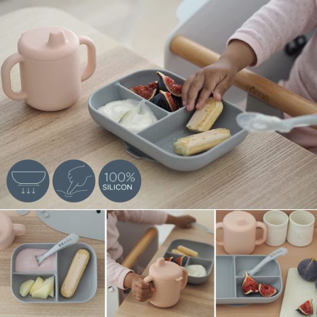 Set de masa silicon cu cana Beaba Old Pink ERFB913527
