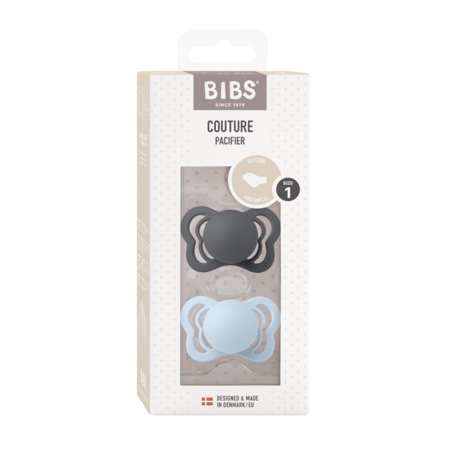 Bibs - set 2 suzete couture silicon, tetina anatomica, 0 luni +-iron/baby blue bbb1700313