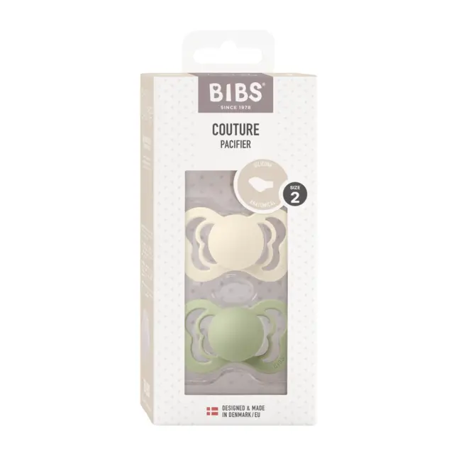 Bibs - set 2 suzete couture silicon, tetina anatomica, 6 luni +-ivory/sage bbb1710309