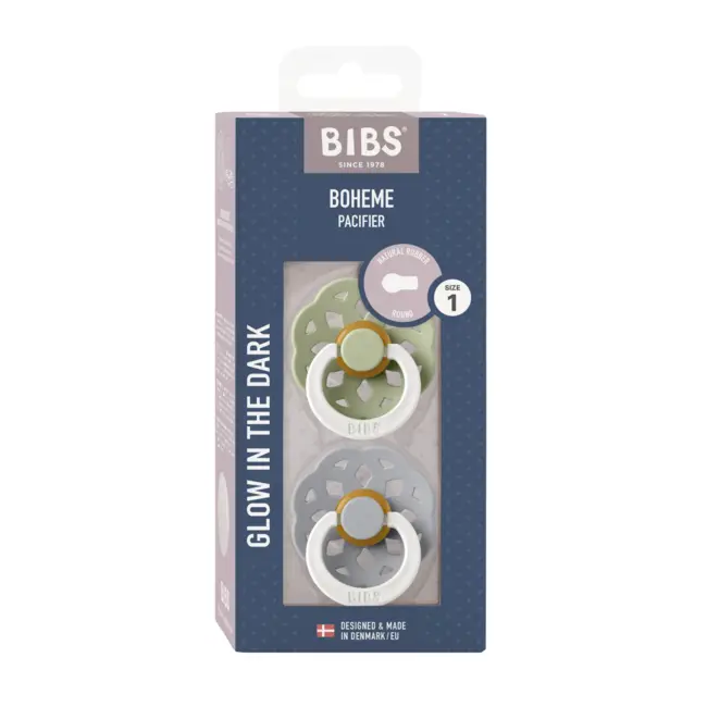 Bibs - set 2 suzete fosforescente boheme glow latex, tetina rotunda, 0 luni +-sage bbb210270c