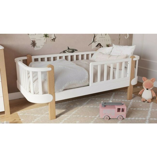 Patut junior cu bariera de protectie YappyEtude din lemn de fag, YappyKids, 160x80 cm, Alb BYNYAPPYETUDETODDLER_WHITE