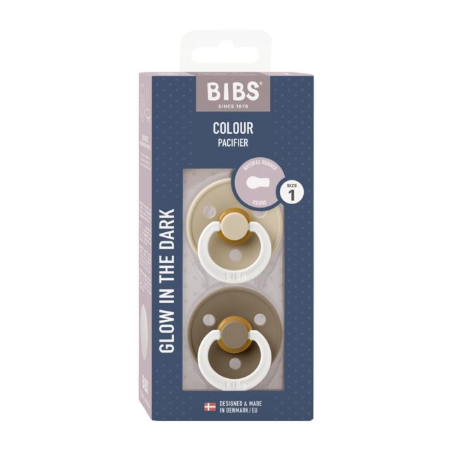 Bibs - set 2 suzete fosforescente colour glow latex, tetina rotunda, 0 luni +-vanilla/dark oak bbb110244