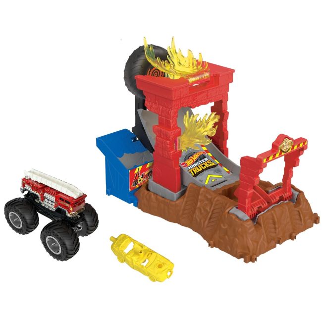 HOT WHEELS MONSTER TRUCKS ENTRY CHALLENGE ARENA SMASHERS PROVOCAREA FIRE CRASH VIVMTHNB87_HNB90