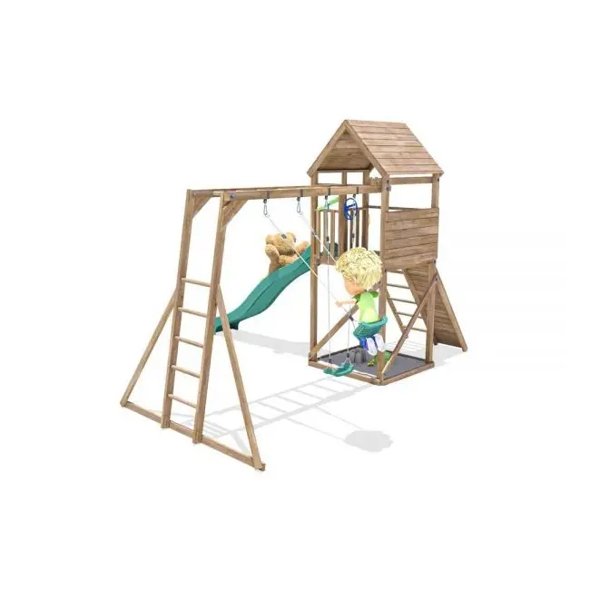 Complex de joaca frontierfort max cu monkey bars si 2 leagane, tobogan verde 2.9 m, dunster house - okedhps708-1