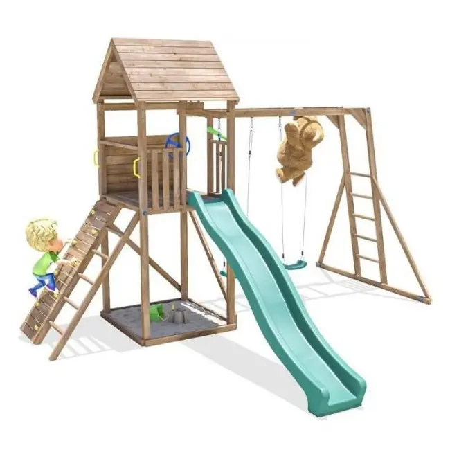 Complex de joaca frontierfort max cu monkey bars si 2 leagane, tobogan verde 2.9 m, dunster house - okedhps708-1