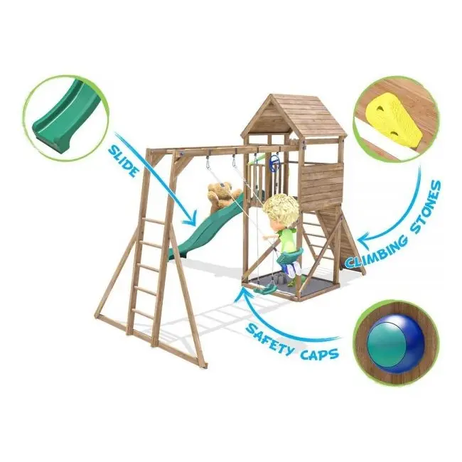 Complex de joaca frontierfort max cu monkey bars si 2 leagane, tobogan verde 2.9 m, dunster house - okedhps708-1