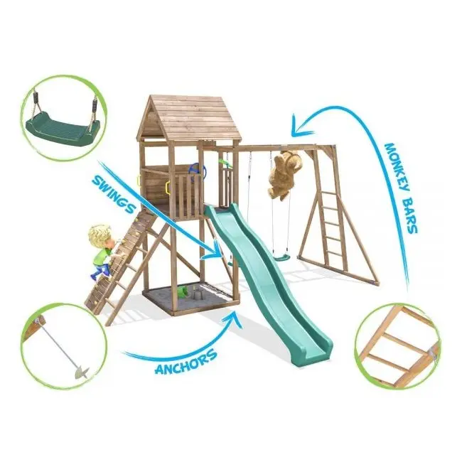 Complex de joaca frontierfort max cu monkey bars si 2 leagane, tobogan verde 2.9 m, dunster house - okedhps708-1