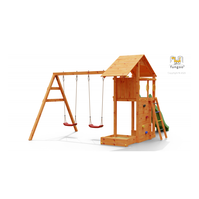 Complex joaca din lemn smart 2 cu leagane, zid de catarat si turn fungoo - okefu06760ptxx2
