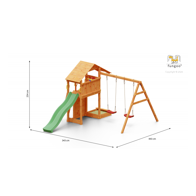 Complex joaca din lemn smart 2 cu leagane, zid de catarat si turn fungoo - okefu06760ptxx2